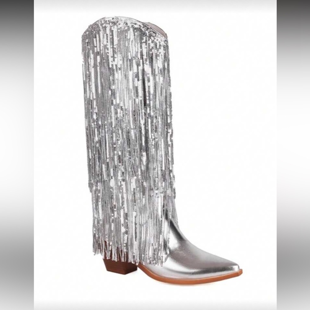 Silver sequin fringe cowboy boots tassels metallic vegan leather western - Picture 7 of 8